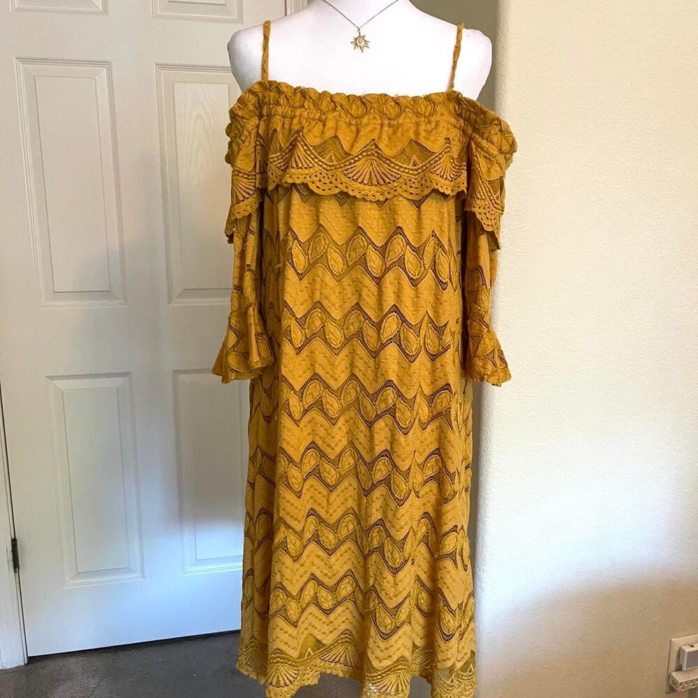 Mustard yellow western off the shoulder cowgirl lace midi dress - size XL